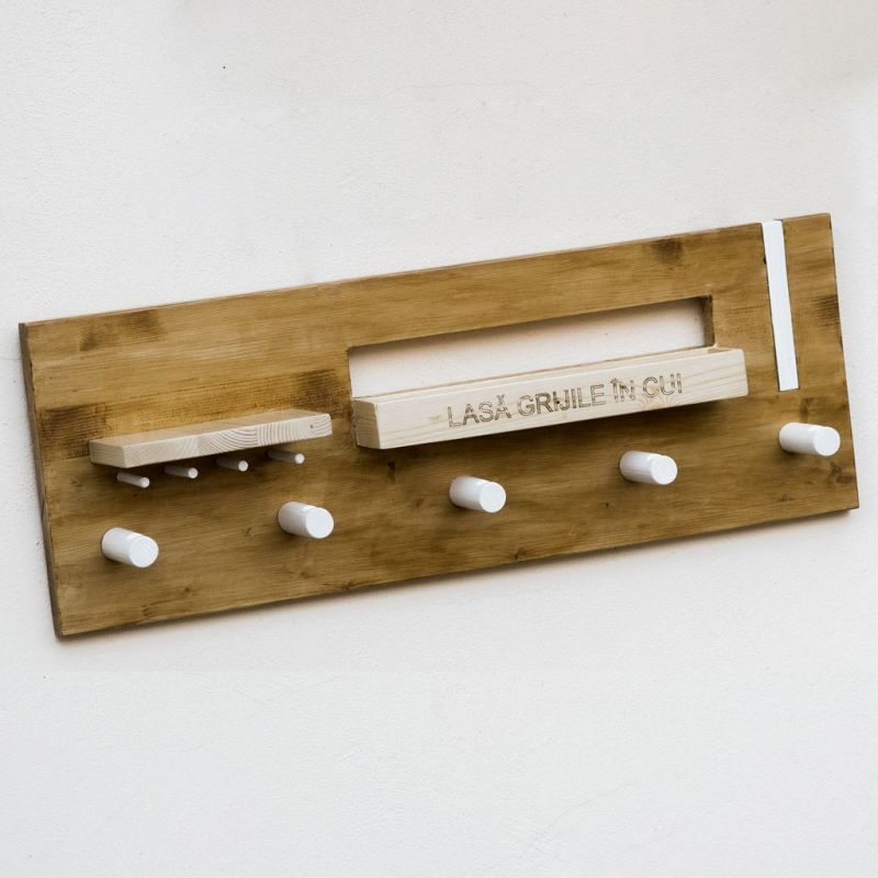 Cuier Retro din lemn masiv - agățători haine și chei, poliță și sertar